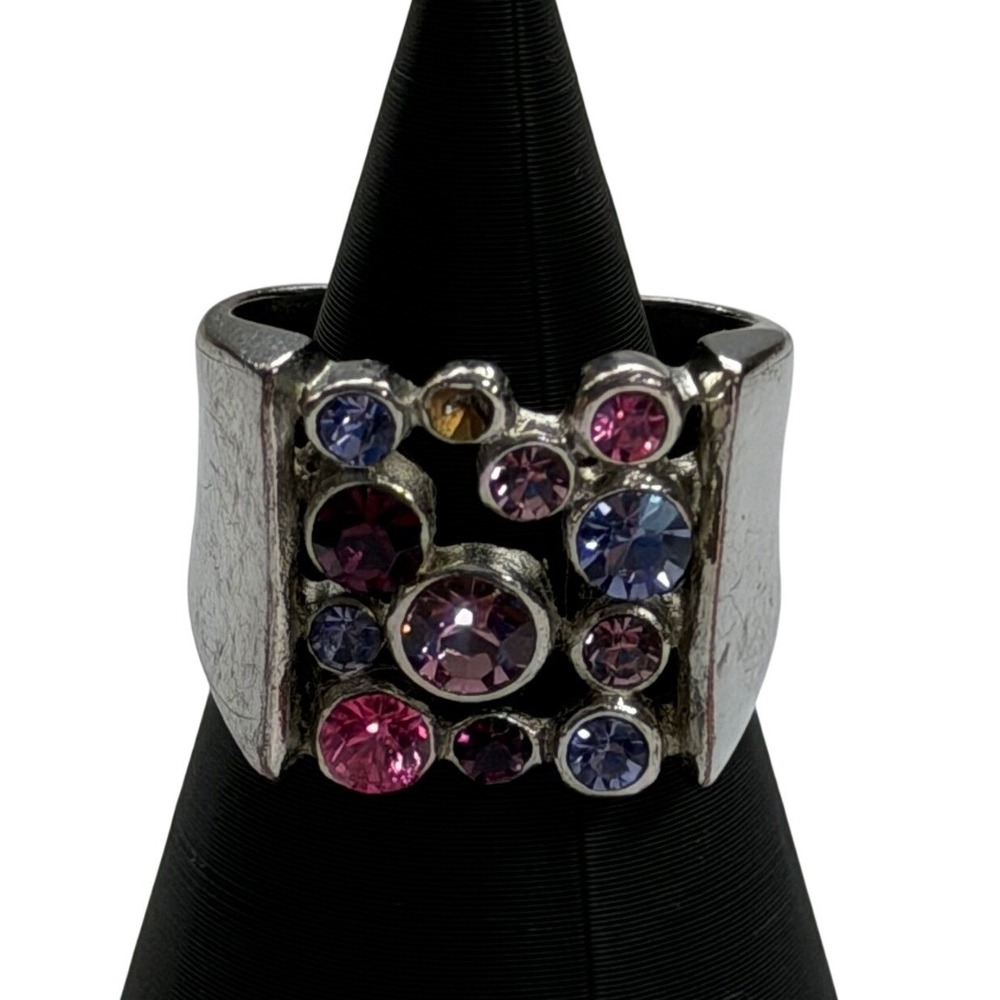 Guess Silver Tone Multi Color Crystal Chunky Statement Ring Size 7.25